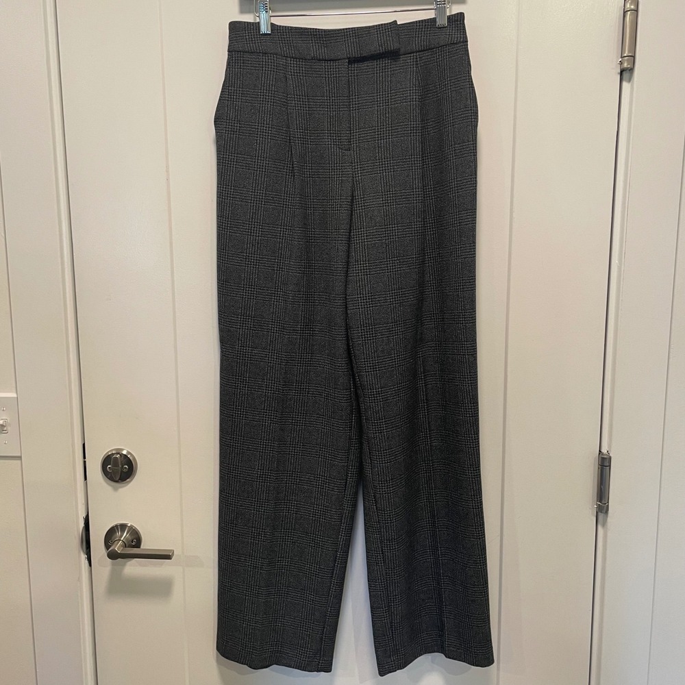 Mango MNG Grey Plaid Wide Leg Trousers Glen Check High Waist Pants Size 6 312BEL